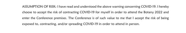 JohannaJantzen's tweet photo. I will not be attending #Botany2022 in person mainly due to the lack of COVID protections. Recommending hand washing for an airborne virus, not requiring masks, and requiring attendees to sign a waiver that you accept the risk of spreading (and contracting) COVID?? https://t.co/GrhQ9FQO4X
