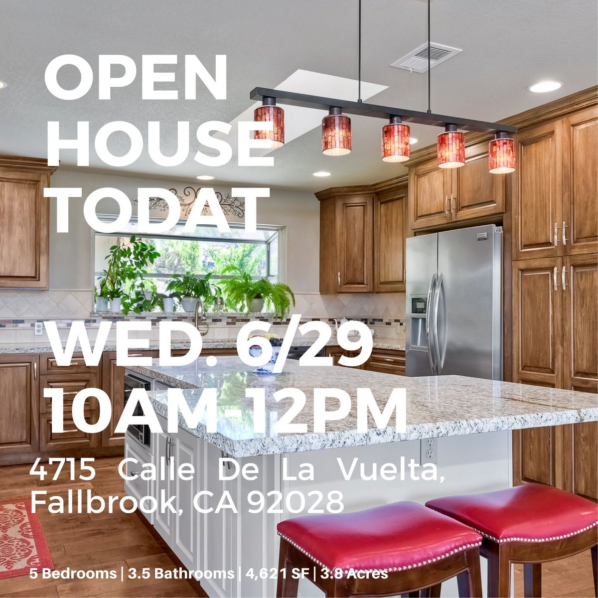 Timkirk25's tweet photo. Open House Today
Wed. 6-29-22
10am - 12pm
4715 Calle De La Vuelta, Fallbrook, CA 92028
5 Bed | 3.5 Bath | 4,621 SF | 3.8 Acres | $1,450,000 - $1,595,000
Listed by:
Tim Kirk, Realtor®
Pacific Sotheby’s International Realty
DRE #01941662 | (760)704-9252 https://t.co/iuvs4LLQuQ