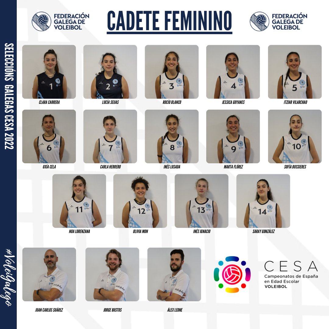 VoleiGalego's tweet photo. 👏🏻  🇪🇸  As seleccións galegas comezan mañá o seu CESA, e aquí están os/as nosos/as representantes!
⬜💙⬜Toda a familia do #VoleiGalego estará apoiándovos! https://t.co/Zr7Zea6GAv