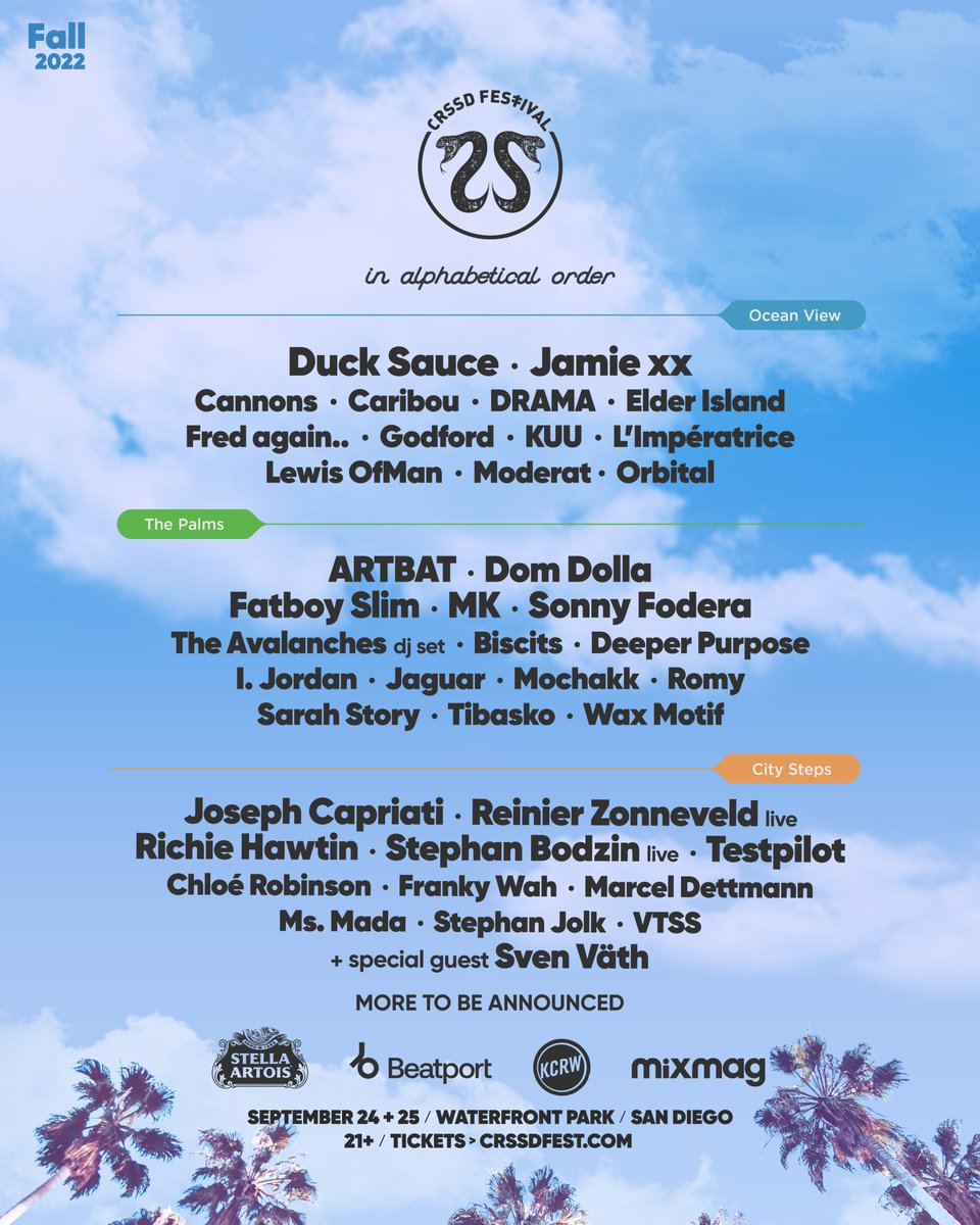 crssdfest's tweet photo. ☀️CRSSD fall tickets now ON SALE! Get yours: https://t.co/RFD2fUqIPJ

We welcome @DuckSauceNYC, @jamie___xx, @artbatmusic, @domdolla, @FatboySlim, @MarcKinchen, @sonnyfodera, @josephcapriati, @richiehawtin, @stephanbodzin live + more...

RT for a chance to win a pair of tickets🎟️ https://t.co/uicOOLvvRx