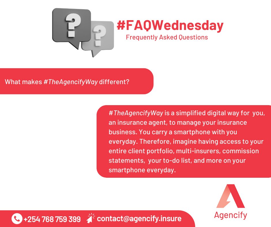 AgencifyLimited's tweet photo. What makes the #TheAgencifyWay different?
#FAQWednesday #insurtech #insurtechtrends #insuranceagent #insurtechinKenya https://t.co/83Z9l02X3T