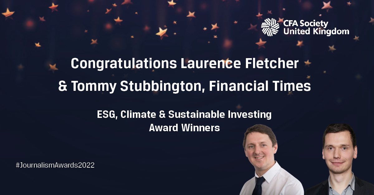 We’re thrilled to announce that Laurence Fletcher (<a href="/journofletcher/">Laurence Fletcher</a>) &amp; Tommy Stubbington (<a href="/TomStub/">Tommy Stubbington</a>), Financial Times have won ‘CFA UK Journalism Award: ESG, Climate and Sustainable Investing.’ 🎉
 
Congratulations!
 
#JouranlismAwards #CFAUK <a href="/FT/">Financial Times</a>