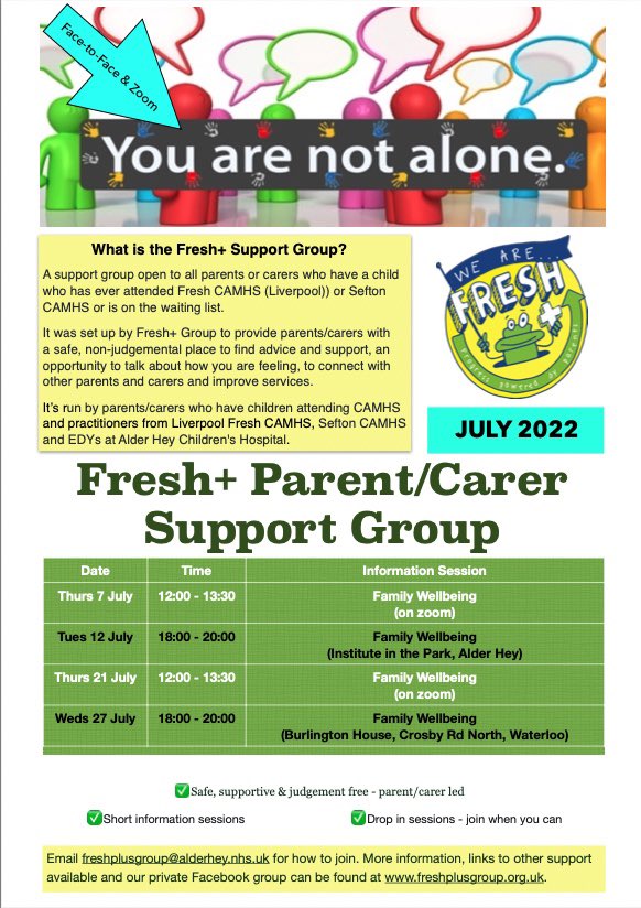 ➡️ Parent/Carer Support Groups in July ⬅️ We have face-2-face groups in #Liverpool & #Sefton + 2 Zoom groups this month (see poster). Run with clinicians from @alderhey, @CamhsSefton & @EDYSAlderhey No need to book, join us for a cuppa & chat for as much time as works for you 😊
