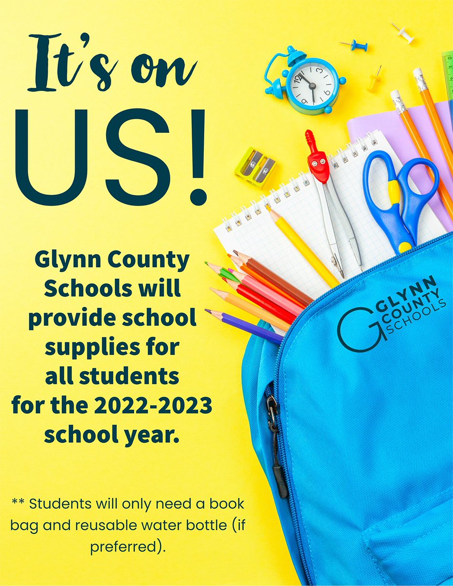 This year you will not need to worry with school supplies, GCSS has you covered. We will provide school supplies for all students for the 2022-2023 school year. 

Parents will only need to purchase a book bag and reusable water bottle (if preferred). #strongerglynn 👏🙌❤️