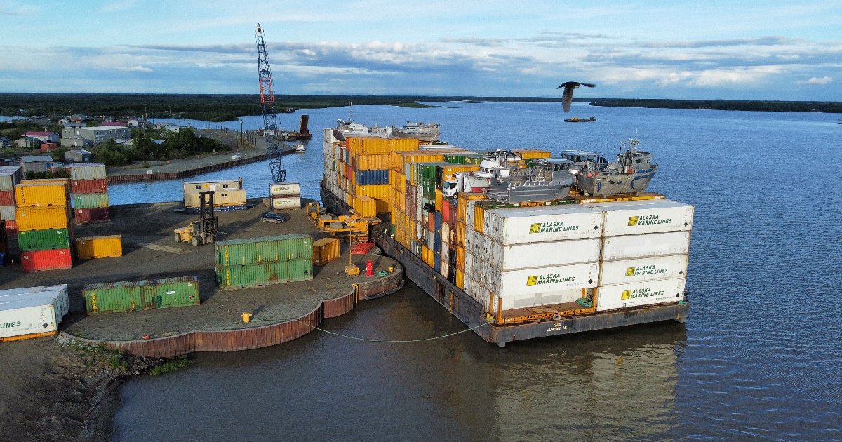 LyndenInc's tweet photo. These stunning drone shots were taken recently in Bethel, AK, showcasing the wide range of cargo on our barges! Thank you, Joe, for these pictures!

#AlaskaMarineLines #Bethel #Alaska #Barge #BargeService #AML #Lynden #transportation #shipping #logistics https://t.co/W7KJhCUT2n