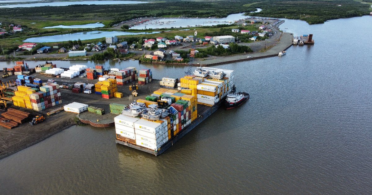 LyndenInc's tweet photo. These stunning drone shots were taken recently in Bethel, AK, showcasing the wide range of cargo on our barges! Thank you, Joe, for these pictures!

#AlaskaMarineLines #Bethel #Alaska #Barge #BargeService #AML #Lynden #transportation #shipping #logistics https://t.co/W7KJhCUT2n