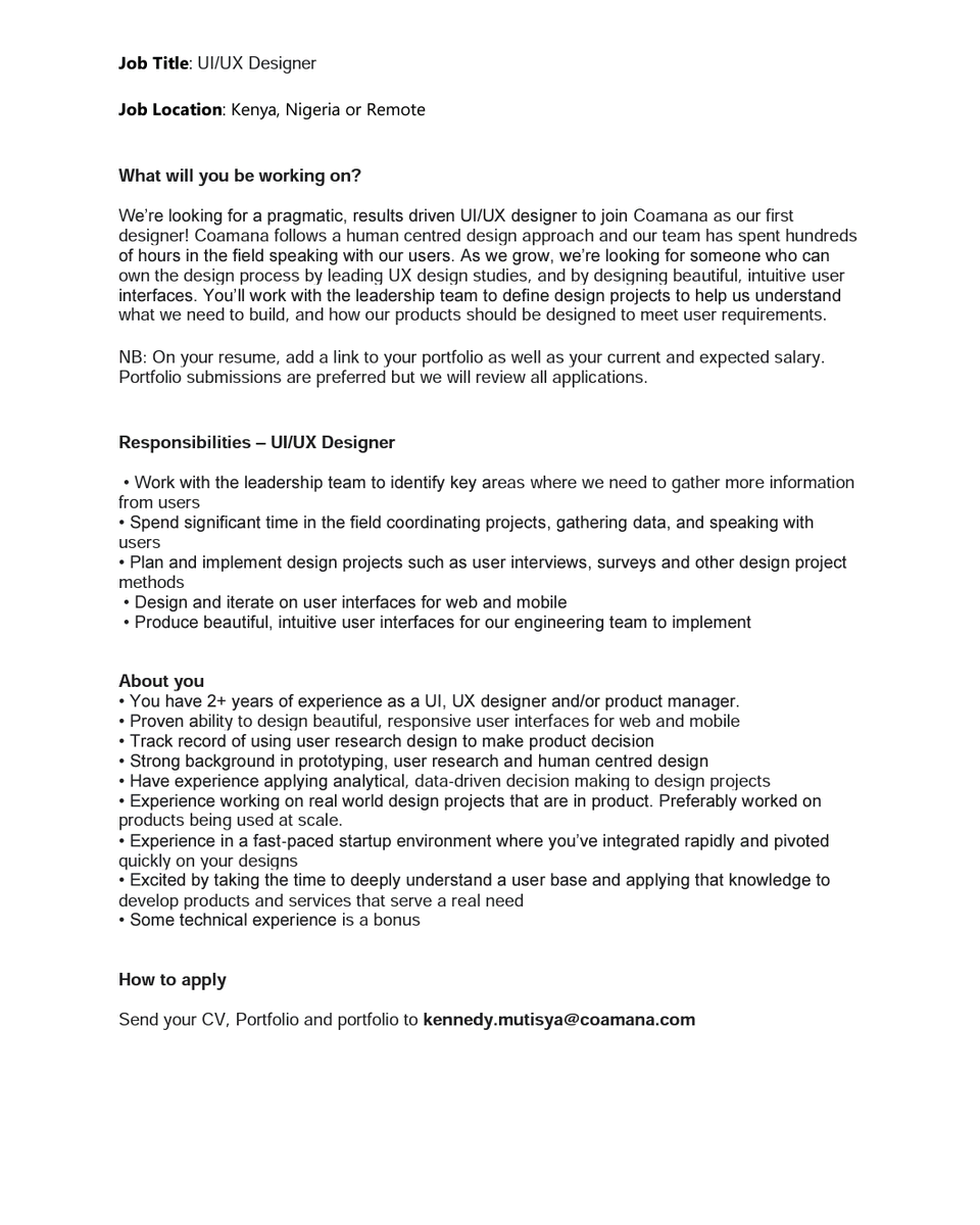 amdonaldk's tweet photo. Coamana is looking for a UI/UX Designer
#IkoKaziKE #remotejobs #remotework #DevOpportunities https://t.co/ZcPYHl8aPe