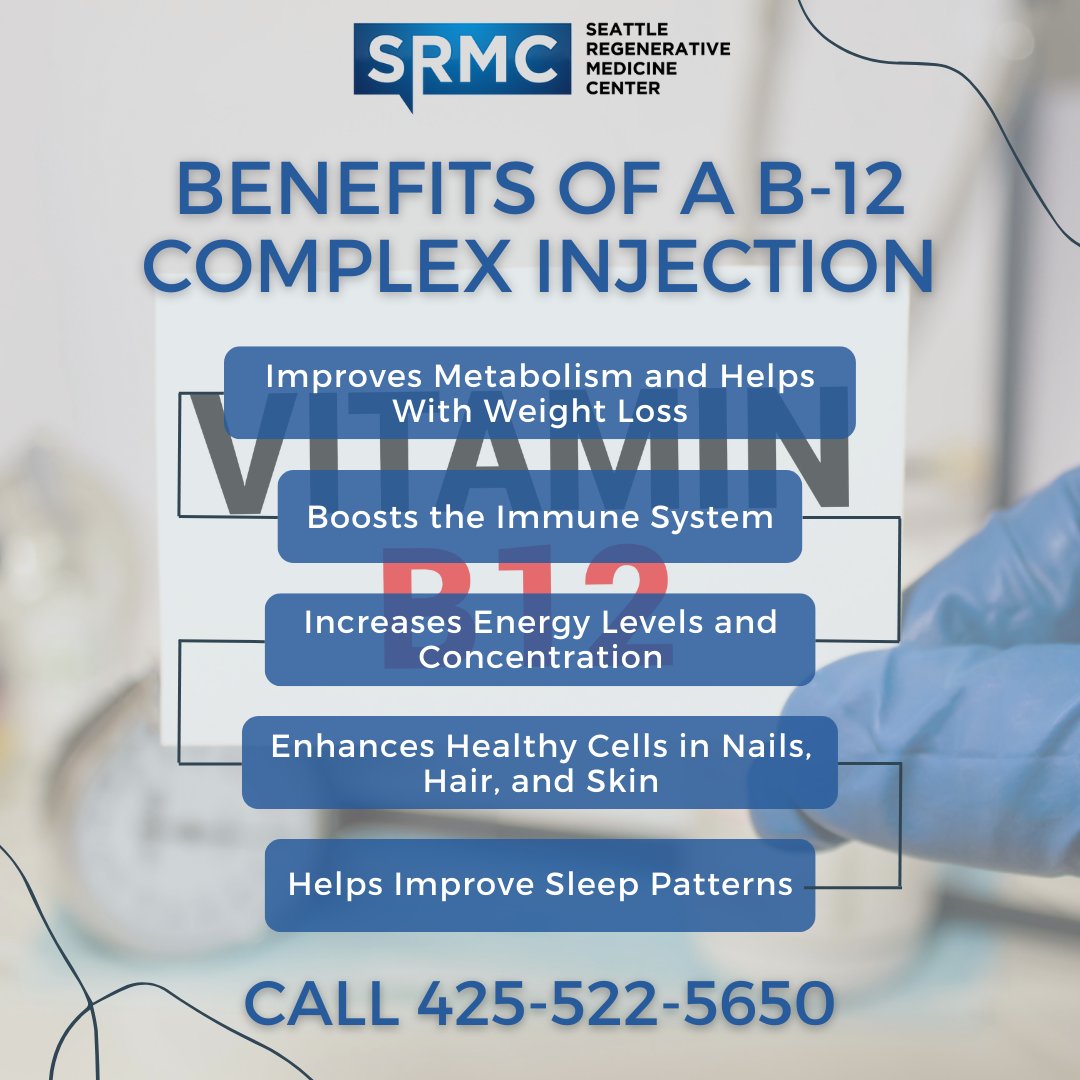 SeattleRegen's tweet photo. A B-12 Complex injection can bring on immediate health benefits. You'll feel a boost of energy right away! Call today to get your B-12 Complex injection! Save when you buy a package of injections! 425-522-5650 https://t.co/v76tX0ddJy