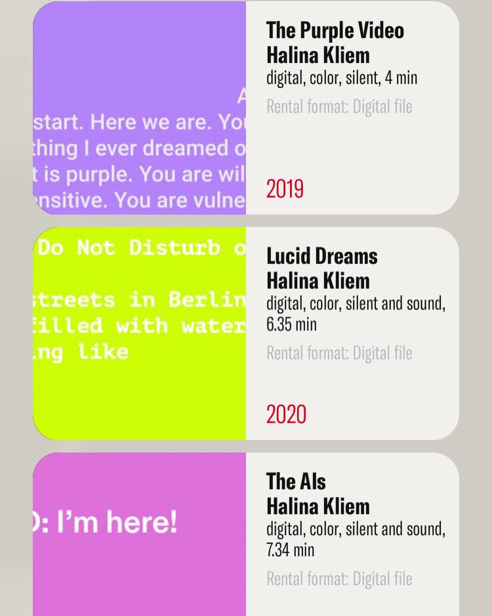HalinaKliem's tweet photo. Very excited to have joined The FilmMakers' Cooperative - New American Cinema Group(NACG) to represent and distribute my experimental films The Purple Video (2019), Lucid Dreams (2020), and The AIs (2021). Come by and browse 
￼
@filmmakerscoop
#experimental https://t.co/FovLfDIfAK