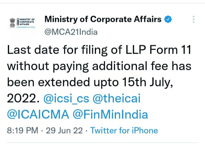 companybanao's tweet image. LLP form 11 due date further extended to 15 July 2022
#mca #llp #form11