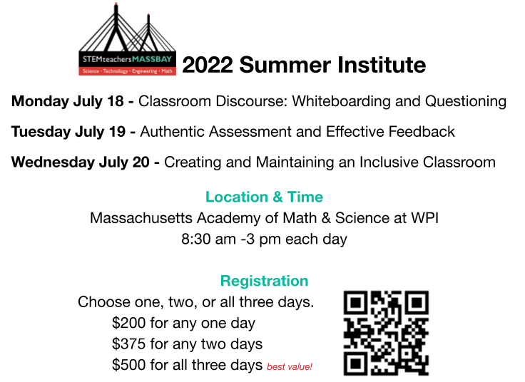 stemmassbay's tweet photo. Join us for our two amazing summer programs - STEMteachersMassBay Summer Learning Institute and MSEF Engineering Workshop https://t.co/VkXrDAmZU6