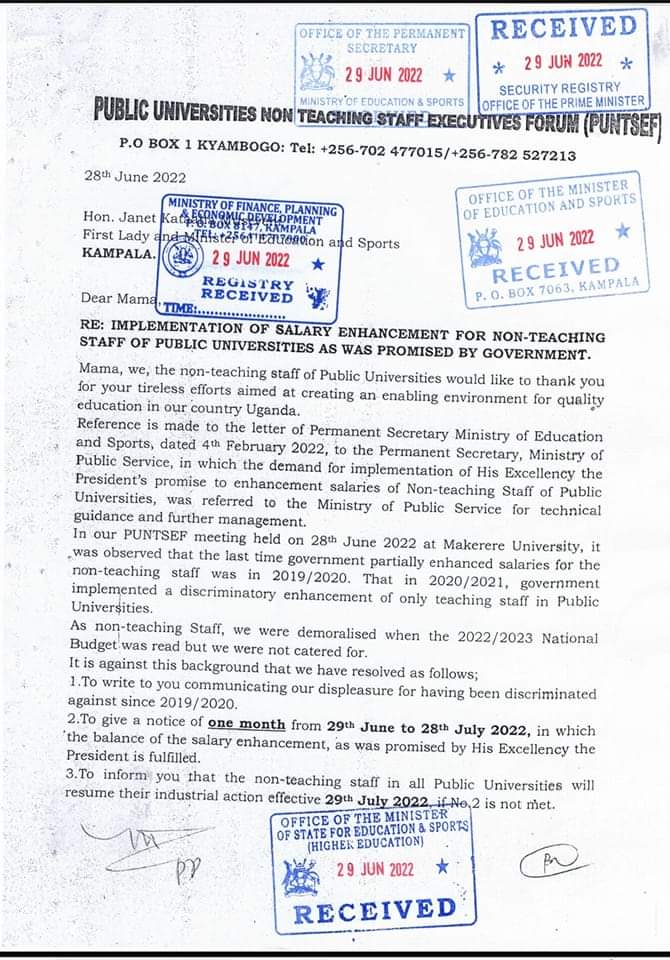 ekyooto's tweet photo. Public universities non teaching staffs have notified government about their intended industrial action effective 29th July 2022.
#EkyootoUpdates https://t.co/UPAU0HDWwT