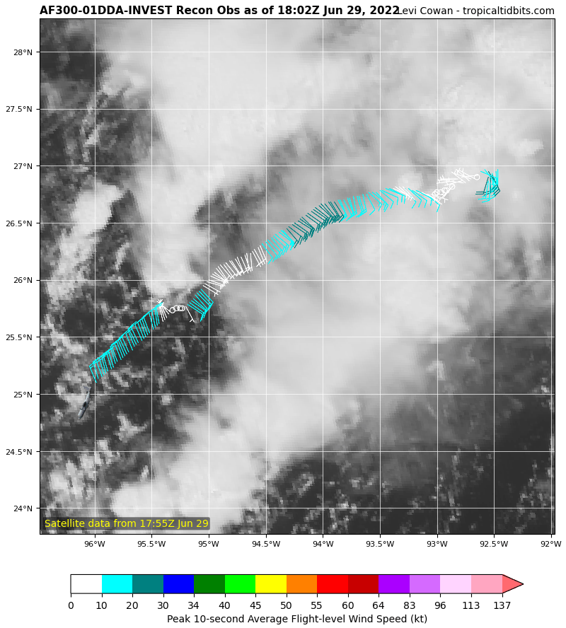 Recon finding a wind shift near where 95L's surface circulation appears to be. It is a weak low, but seems close to tropical depression status.