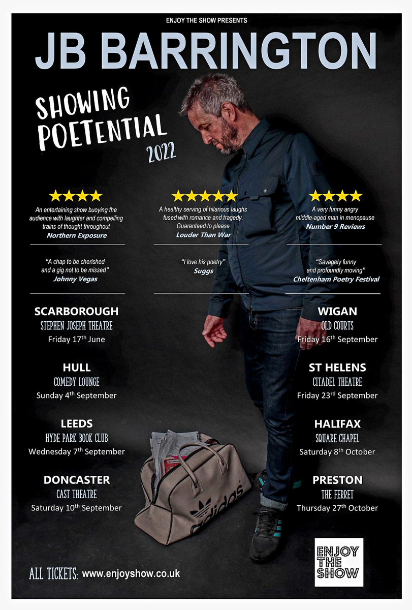 JB Barrington (@jbbarrington) on Twitter photo Showing POETential coming next to:
Hull <a href="/LoungeComedy/">Comedy Lounge</a> 4th Sept
Leeds <a href="/HPBCLeeds/">Hyde Park Book Club</a> 7th Sept
Doncaster <a href="/castindoncaster/">Cast</a> 10th Sept
Wigan <a href="/theoldcourts/">The Old Courts</a> 16th Sepy
St Helens <a href="/thecitadel1861/">The Citadel Theatre</a> 23rd,Sept
Halifax @squarechapel 8th Oct
Preston <a href="/FerretPreston/">The Ferret</a> 27th Oct Showing POETential coming next to:
Hull <a href="/LoungeComedy/">Comedy Lounge</a> 4th Sept
Leeds <a href="/HPBCLeeds/">Hyde Park Book Club</a> 7th Sept
Doncaster <a href="/castindoncaster/">Cast</a> 10th Sept
Wigan <a href="/theoldcourts/">The Old Courts</a> 16th Sepy
St Helens <a href="/thecitadel1861/">The Citadel Theatre</a> 23rd,Sept
Halifax @squarechapel 8th Oct
Preston <a href="/FerretPreston/">The Ferret</a> 27th Oct