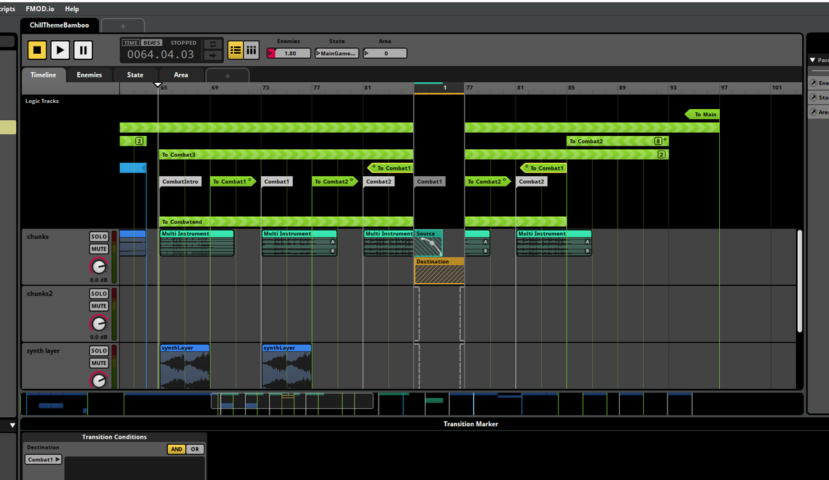 alexxxchange's tweet photo. I'm doing a million to / from transitions to get my reverb tails to play without playing adjacent regions. does this look right? surely there must be a better way #fmod #unity3d #interactiveaudio #dynamicmusic https://t.co/R9lWOhzHC5