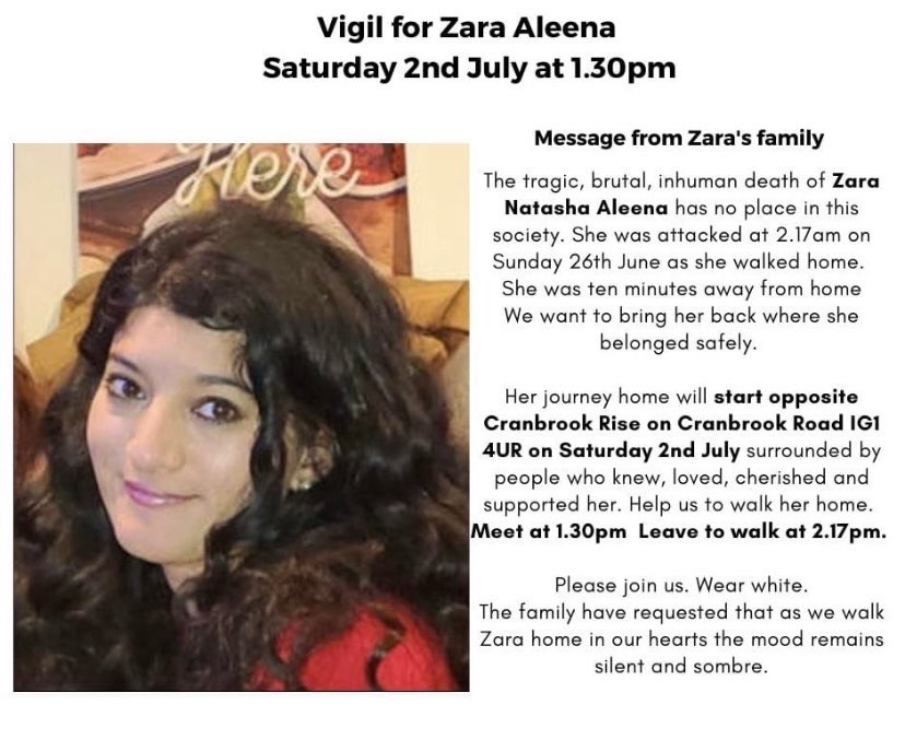 The unfathomable pain inflicted by a stranger’s inhuman brutality to their precious daughter echos in every line of this tribute

As a woman, a mother, a sister & as a human, I stand with her family. 
Rest in power #ZaraAleena.

Our fight to stop VAWG continues. #EnoughIsEnough