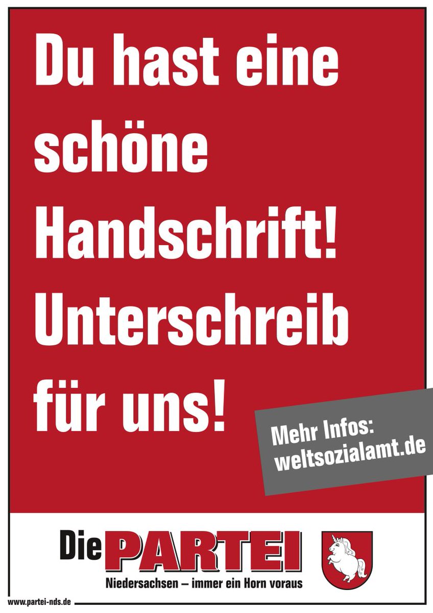 Die_PARTEI_NDS's tweet photo. Damit wir am 9. Oktober die Macht in Niedersachsen übernehmen können, brauchen wir noch ein paar Unterstützungsunterschriften 😉

Du hast noch nicht unterschrieben? Kein Problem: unter https://t.co/Sz98lW031z sind die Formulare hinterlegt😘 https://t.co/rffXMJf0T1