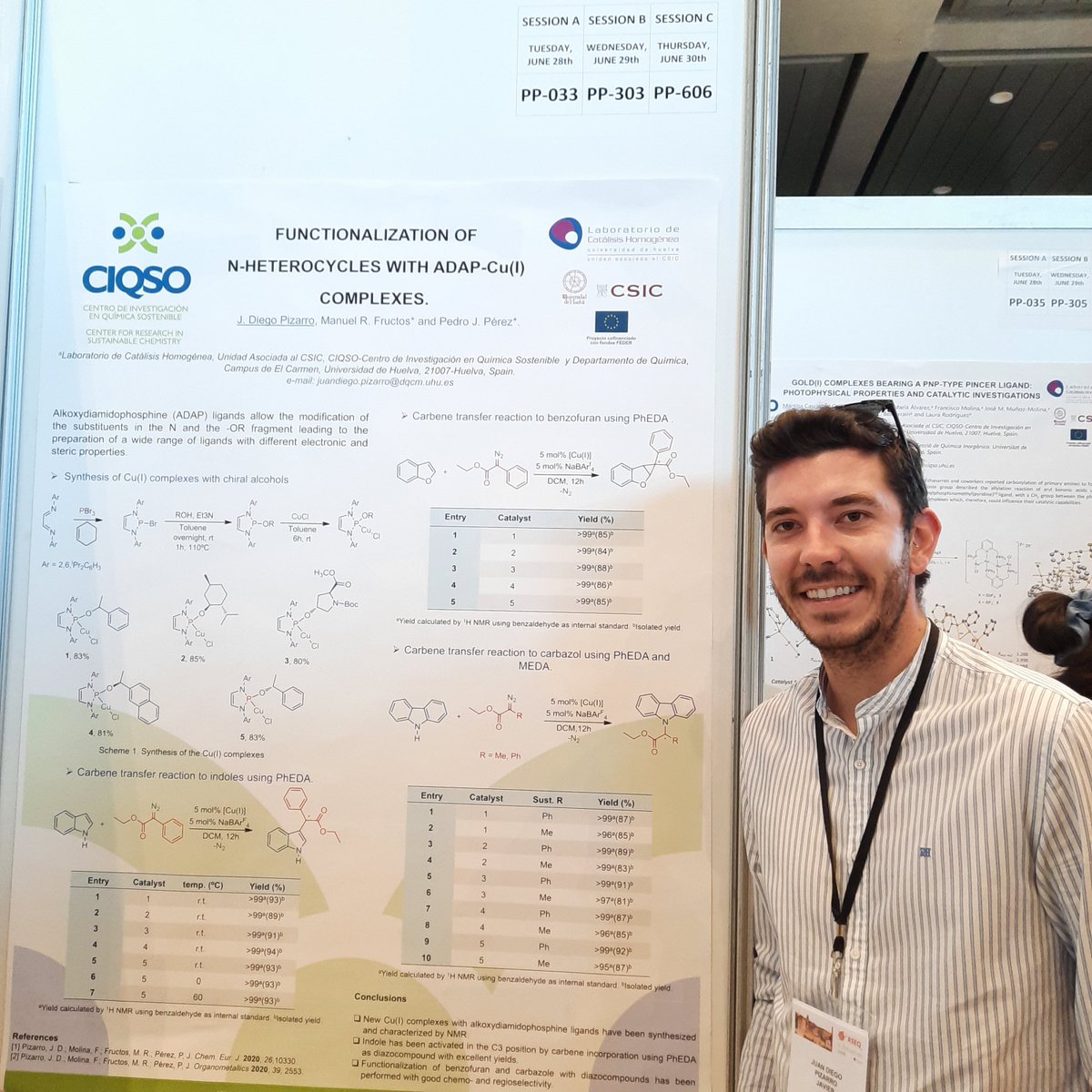 CIQSO_UHU's tweet photo. Dr. Juan Diego Pizarro 
@juandy_18 (Homog. Cat. Lab @PedroJPerez65) has presented the Póster PP-303 "FUNCTIONALIZATION OF N-HETEROCYCLES WITH ADAP-Cu(I) COMPLEXES." #BienalRSEQ2022 @RSEQUIMICA https://t.co/8BPwVwURby