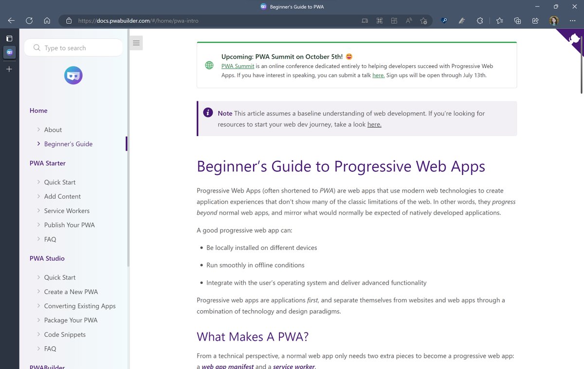 Announcing our new Beginners Guide to PWAs on our docs! This guide will walk you through the basics of what a PWA is and then gets you started building your first PWA aka.ms/pwa-intro