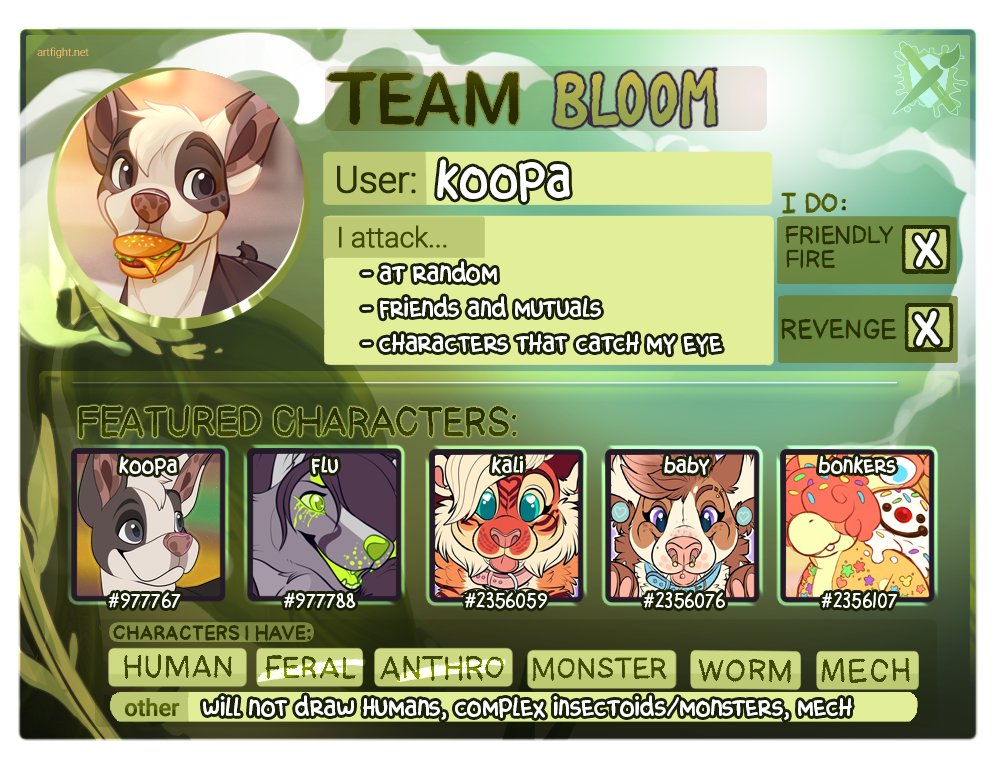 CRAY0NH3ART's tweet image. ✨🌱 team bloom 🌱✨
📨 let's goooo 🖍️🌟
#Artfight2022 #artfight #TeamBloom
