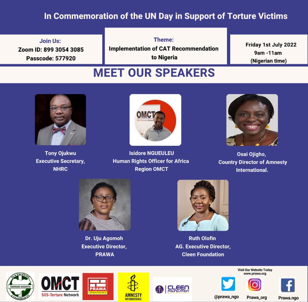 In commemoration of the UN Day in Support of Torture Victims, CLEEN Foundation in collaboration with PRAWA, Amnesty International, OMCT, and National Human Rights Commission are organizing a Virtual Session themed: Implementation of CAT Recommendation in Nigeria 
@cleenfoundation https://t.co/bhdg3uthOe