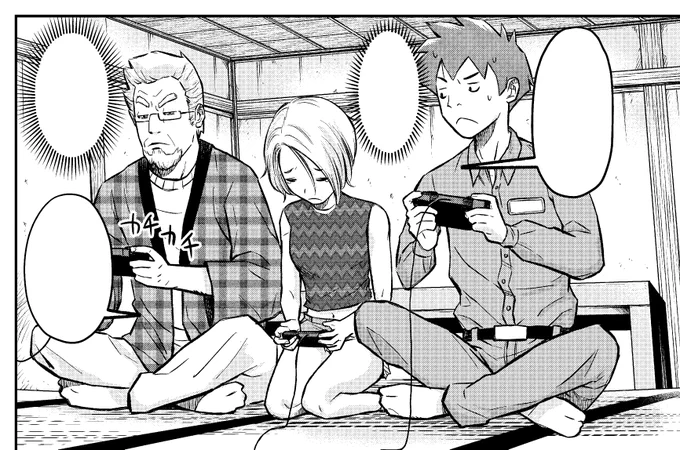 It's rest week for Matagi Gunner (chapter 7 is coming next week!) so here's some art from chapter 4. Just one of the many times I've drawn Yamano, Takana and the internet tech guy sitting down on a tatami floor playing video games. 👨‍🦳🎮 