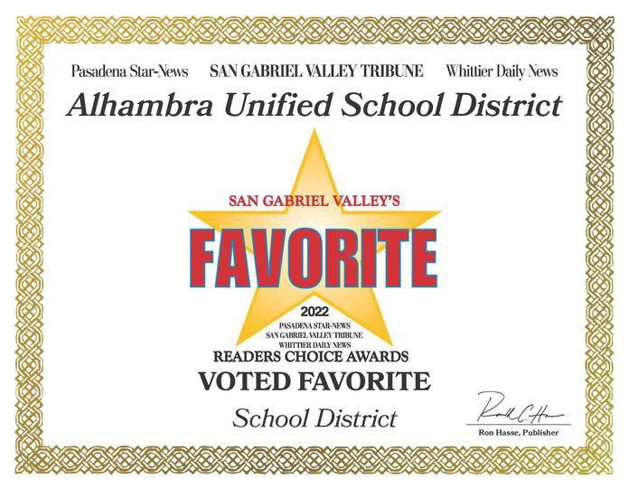 Thank you readers + advertisers of #SouthernCaliforniaNewspaperGroup #SCNG for voting #AlhambraUnifiedSchoolDistrict as San Gabriel Valley's 
￼FAVORITE SCHOOL DISTRICT‼️🎉🥳

￼#SCNG includes #PasadenaStarNews #SanGabrielValleyTribune #WhittierDailyNews
￼