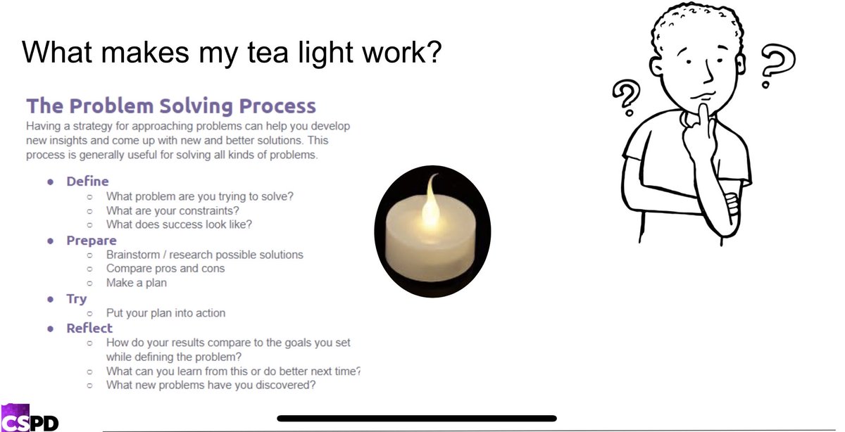 Hickinthestix's tweet image. It’s all elementary: Hack a tea light to learn how circuits work as part of the problem solving process. #cspdweekin