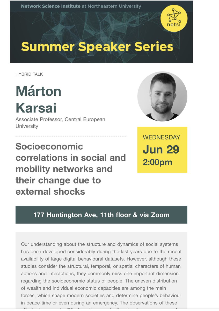 alexvespi's tweet photo. Great to have @MartonKarsai presenting his work on socioeconomic correlations in social and mobility networks and their change due to external shocks @NUnetsi https://t.co/0uPaHubsbN