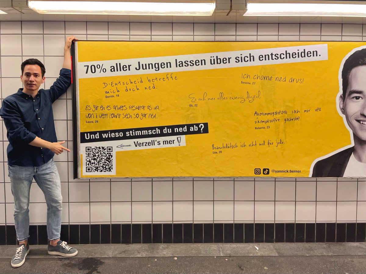 ‼ Mehr Junge an die Urnen - aber wie?
In einer offline und online Kampagne möchte diese Frage endlich klären und Lösungen bringen. Denn: 60+ Jährige gehen rund doppelt so oft abstimmen wie junge Erwachsene...
👉Und wieso stimmsch du ned ab? Verzell's mer: yannick-berner.ch/de/info/verzel…
