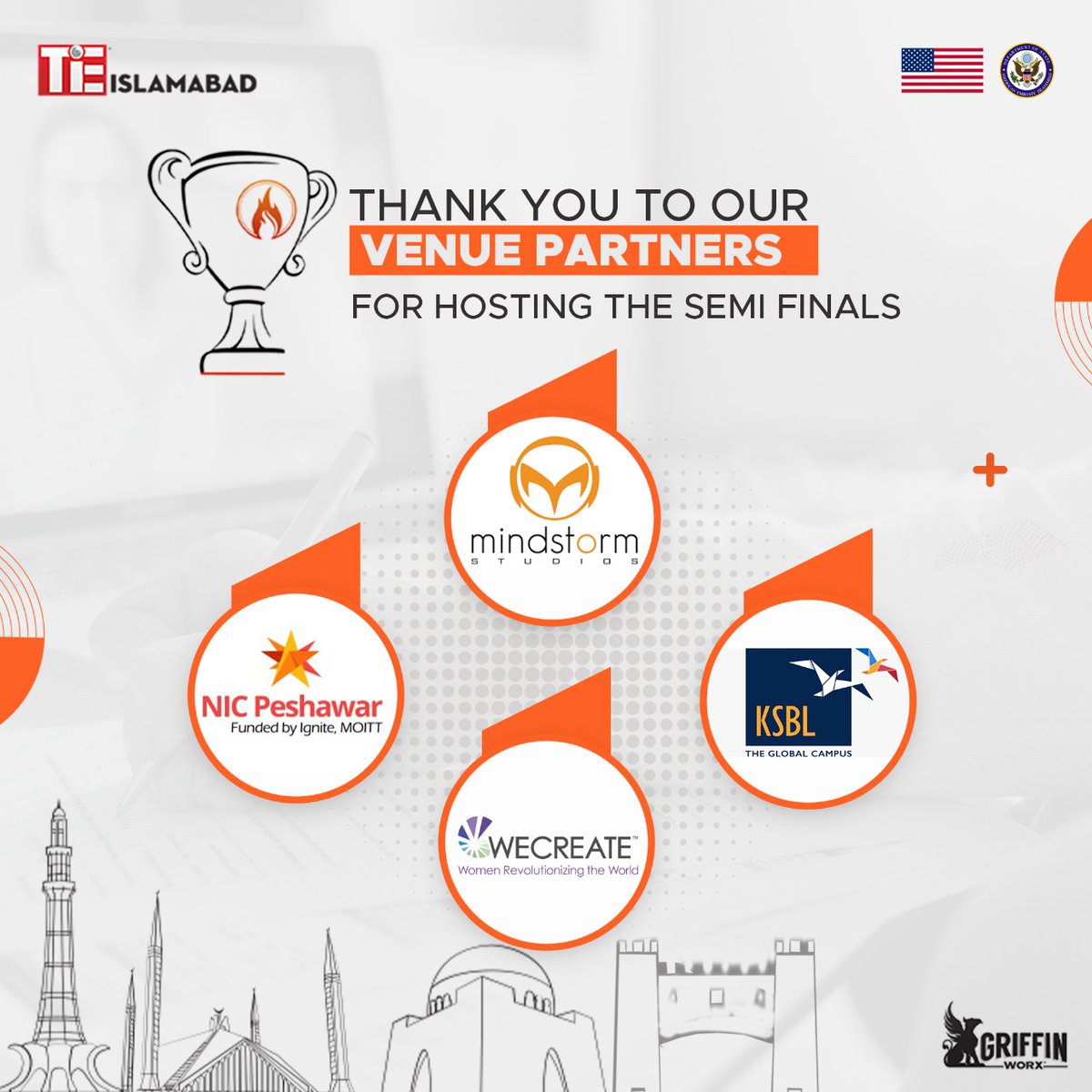 TIE Islamabad (@tie_islamabad) on Twitter photo We would like to thank our venue partners for hosting all the chosen creative startups for the StartUp Cup Pakistan 2022 semi finals - 🏆
Islamabad: <a href="/WECREATE_PAK/">WECREATE Pakistan</a>
Lahore: @Mindstormstudio
Peshawar: <a href="/nic_peshawar/">NIC Peshawar</a>
Karachi: <a href="/ksblpakistan/">KSBL Pakistan</a> We would like to thank our venue partners for hosting all the chosen creative startups for the StartUp Cup Pakistan 2022 semi finals - 🏆
Islamabad: <a href="/WECREATE_PAK/">WECREATE Pakistan</a>
Lahore: @Mindstormstudio
Peshawar: <a href="/nic_peshawar/">NIC Peshawar</a>
Karachi: <a href="/ksblpakistan/">KSBL Pakistan</a>
