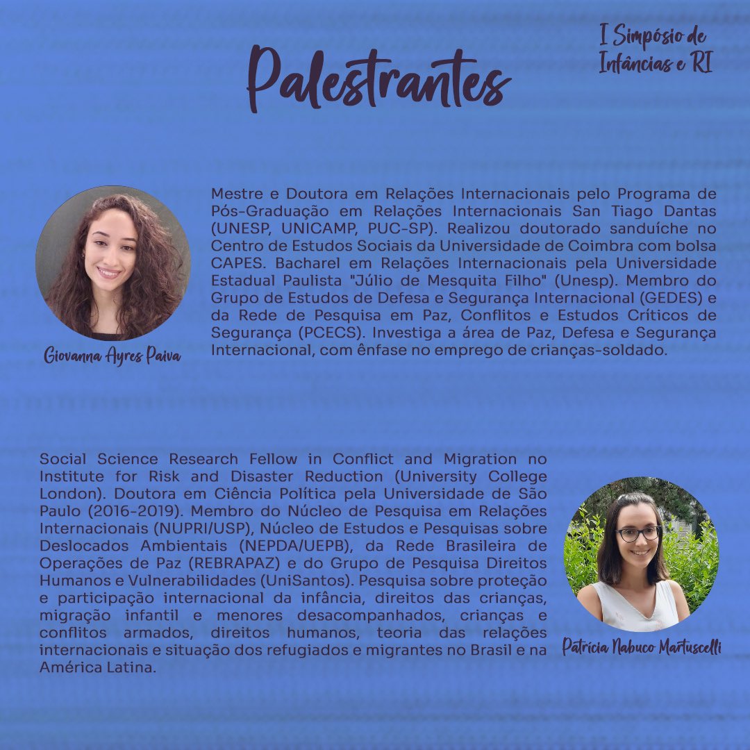 Para a mesa de encerramento do I SIRI, Giovanna Ayres Paiva e Patrícia Nabuco Martuscelli debaterão as diferentes pesquisas sobre infância em Relações Internacionais e as possibilidades dessa área. 

Para não perder esse evento, se inscreva pelo link: docs.google.com/forms/d/e/1FAI…