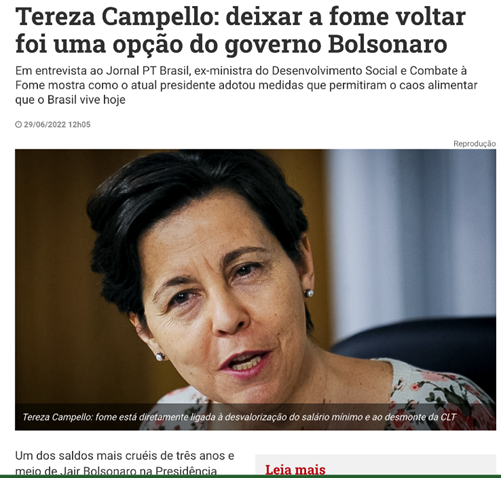 Tereza Campello: deixar a fome voltar foi uma opção do governo Bolsonaro. “Não foi a pandemia. A Insegurança alimentar no Brasil piorou quatro vezes acima da média de 120 países”, (dados da FGV).pt.org.br/tereza-campell…