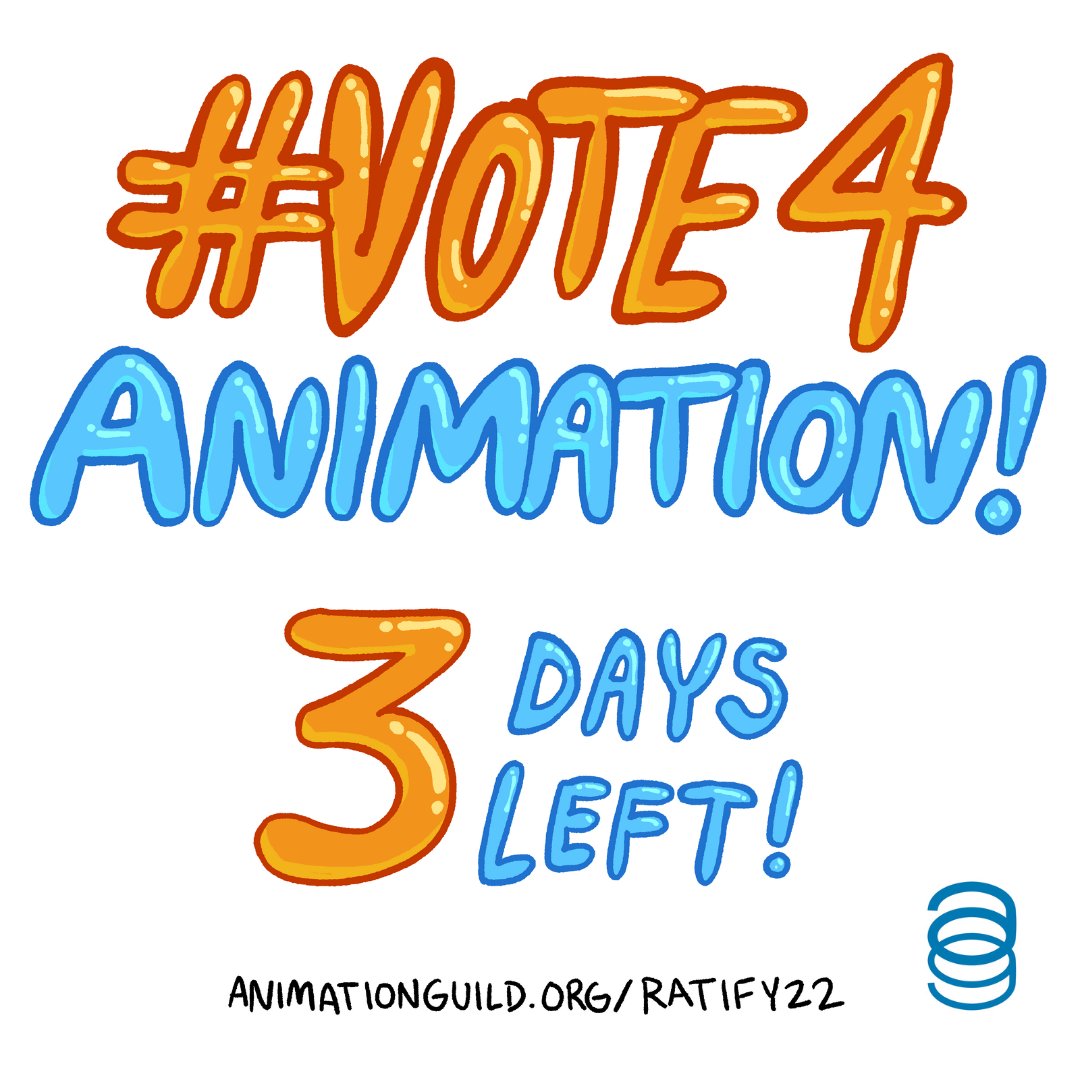 3 DAYS LEFT TO VOTE! Record voter turnout = leverage on the job now &amp; in future negotiations. VOTE ON RATIFICATION TODAY &amp; if you've already voted make sure your TAG colleagues have too! animationguild.org/ratify22 #NewDeal4Animation #Vote4Animation #WeAre839 #WePowerAnimation