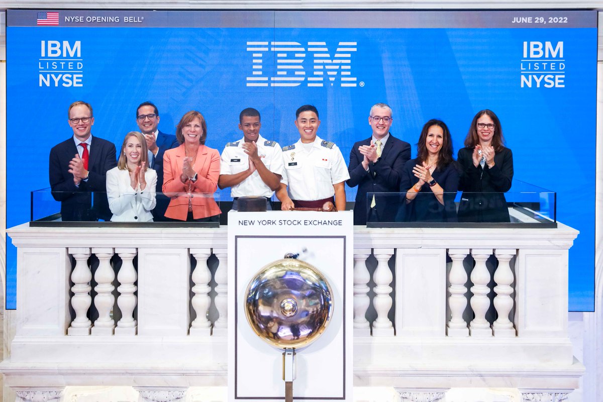 NYSE's tweet photo. This Wall Street Wednesday we welcomed West Point Cadets, Robert Sundy and Joel Jose to ring the Opening Bell in celebration of @IBM’s Finance Internship Program with @WestPoint_USMA 🔔🇺🇸 (NYSE: $IBM) https://t.co/oyBt11Wkar
