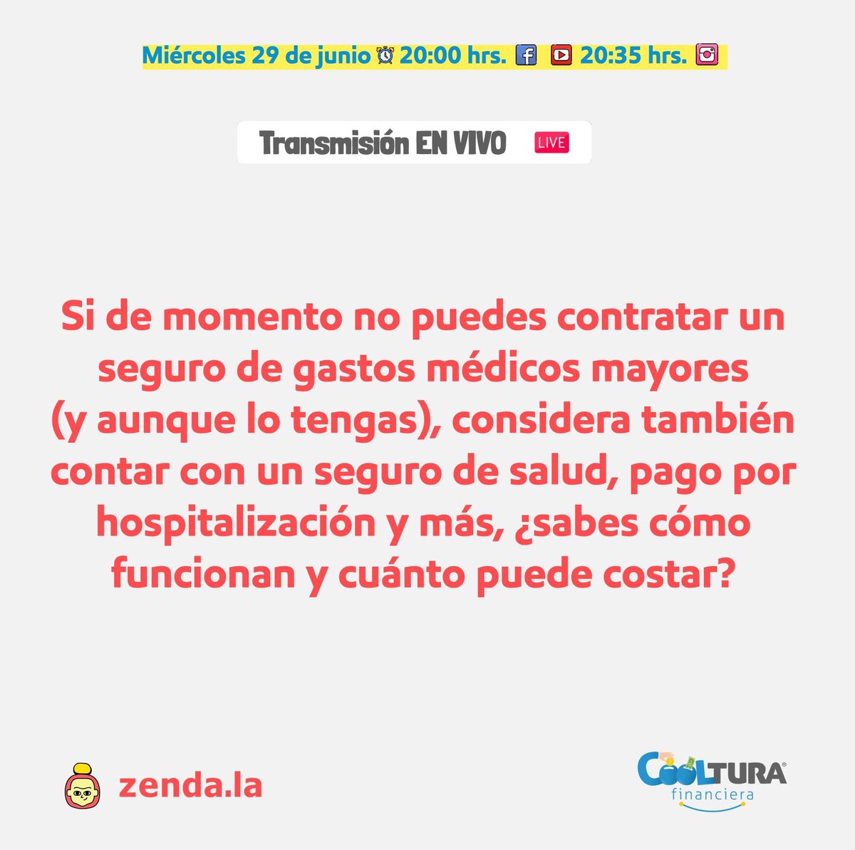 ¡Nos vemos hoy por la noche! Vamos a platicar EN VIVO con <a href="/MasterZenda/">Zenda.la</a> acerca de cómo proteger nuestra salud sin descuidar nuestras finanzas personales. 🙌🏼

Desde Facebook, Youtube e Instagram.