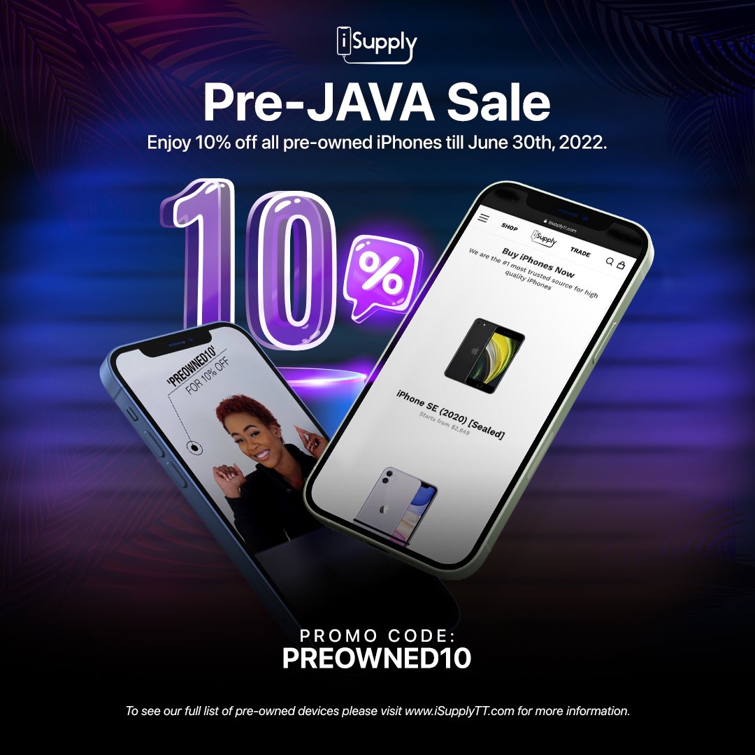 iSupplyTT's tweet photo. Tomorrow is your final day to take advantage of this offer.

Get in on this Pre- Java SALE with 10% off Pre-Owned devices till June 30th 

👨🏾‍💻 Head over to https://t.co/583Br7iINX to browse our entire catalogue

📞Call us at 799-0668
📥Or DM to place an order

#iSupply #Apple https://t.co/IsOHCfMhU6