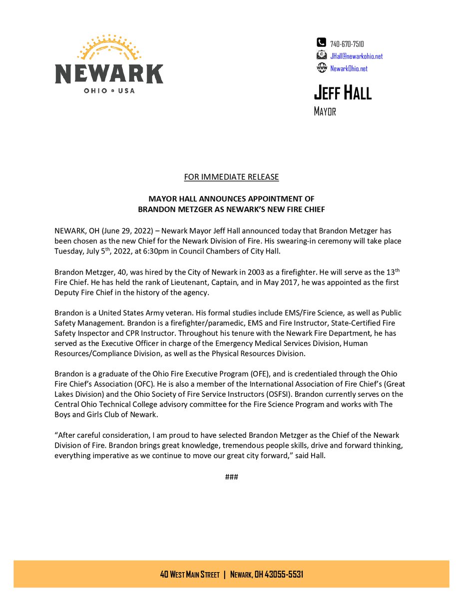 Mark_Newark4th's tweet photo. Congratulations to our new Fire Chief Brandon Metzger! https://t.co/NxoczfzHF4