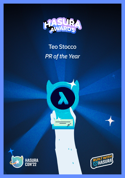PromptQL's tweet photo. Congratulations to @zifeo for winning the HASURAward for PR of the Year! 💫

#HasuraCon #GraphQL4everyone https://t.co/KsY8pwpnZI