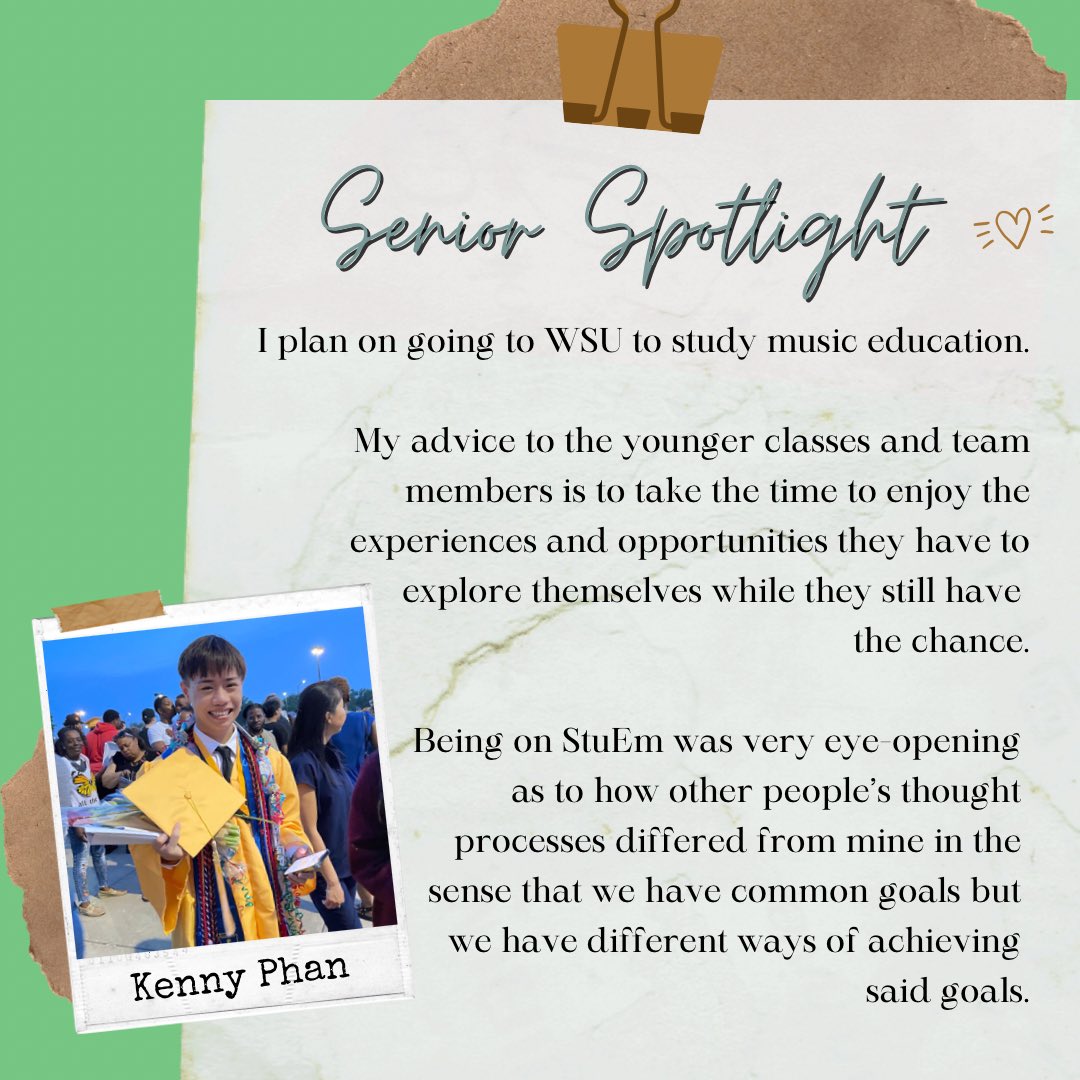StuEmpowerment's tweet image. Grad highlights! 
Today we are highlighting our 2021-22 Team Coordinator, Kenny Phan, a student at Southeast Highschool. 
Kenny is also a scholar of The String Division of the Kansas Music Educator Association and the WSU School of Music!