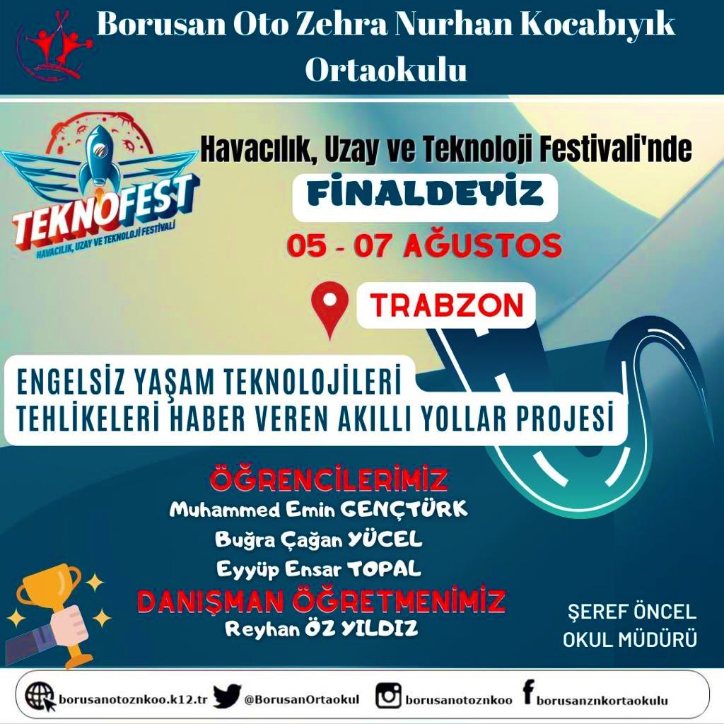 #TEKNOFEST 2022 Engelsiz Yaşam Teknolojileri Alanında “Tehlikeleri Haber Veren Akıllı Yollar” projesi ile öğrencilerimiz finallere kalmıştır. Proje ekibimize Trabzon’da yapılacak finallerde başarılar dileriz.🚀
<a href="/memleventyazici/">Levent Yazıcı</a> <a href="/istanbulilmem/">İstanbul İl Millî Eğitim Müdürlüğü</a> <a href="/CevatDervisoglu/">Cevat Dervişoğlu</a> <a href="/Avcilarilcemem/">Avcılar İlçe Millî Eğitim Müdürlüğü</a>