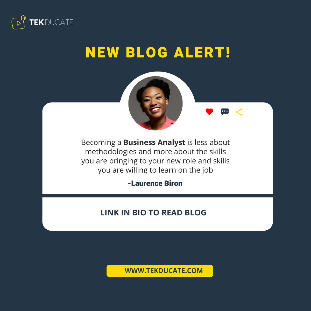 tekducate's tweet photo. We sat with the amazing Laurence Biron, Business Architect and she shared  insights and essential tips for new and aspiring Business Analysts, especially immigrants looking to take on IT roles in North America 

Check it out by clicking https://t.co/uIrNTXmvfE

#Tekducate #Blog https://t.co/5Hkm6yxfck