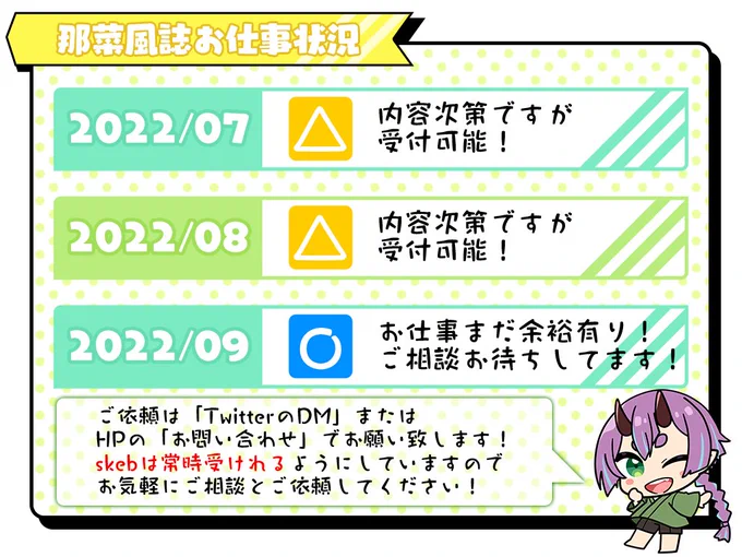 【お仕事状況】2022/07～2022/09(6/30更新)
お仕事いっぱいの月でもご相談は聞くことが可能ですのでお気軽にご連絡ください!
依頼のご相談はTwitterのDMまたは下記よりお待ちしております!
【HPのお問い合わせ】
https://t.co/PToGVWnwVn
【skeb】※常時お受けできます!
https://t.co/YkM1KZbed2 