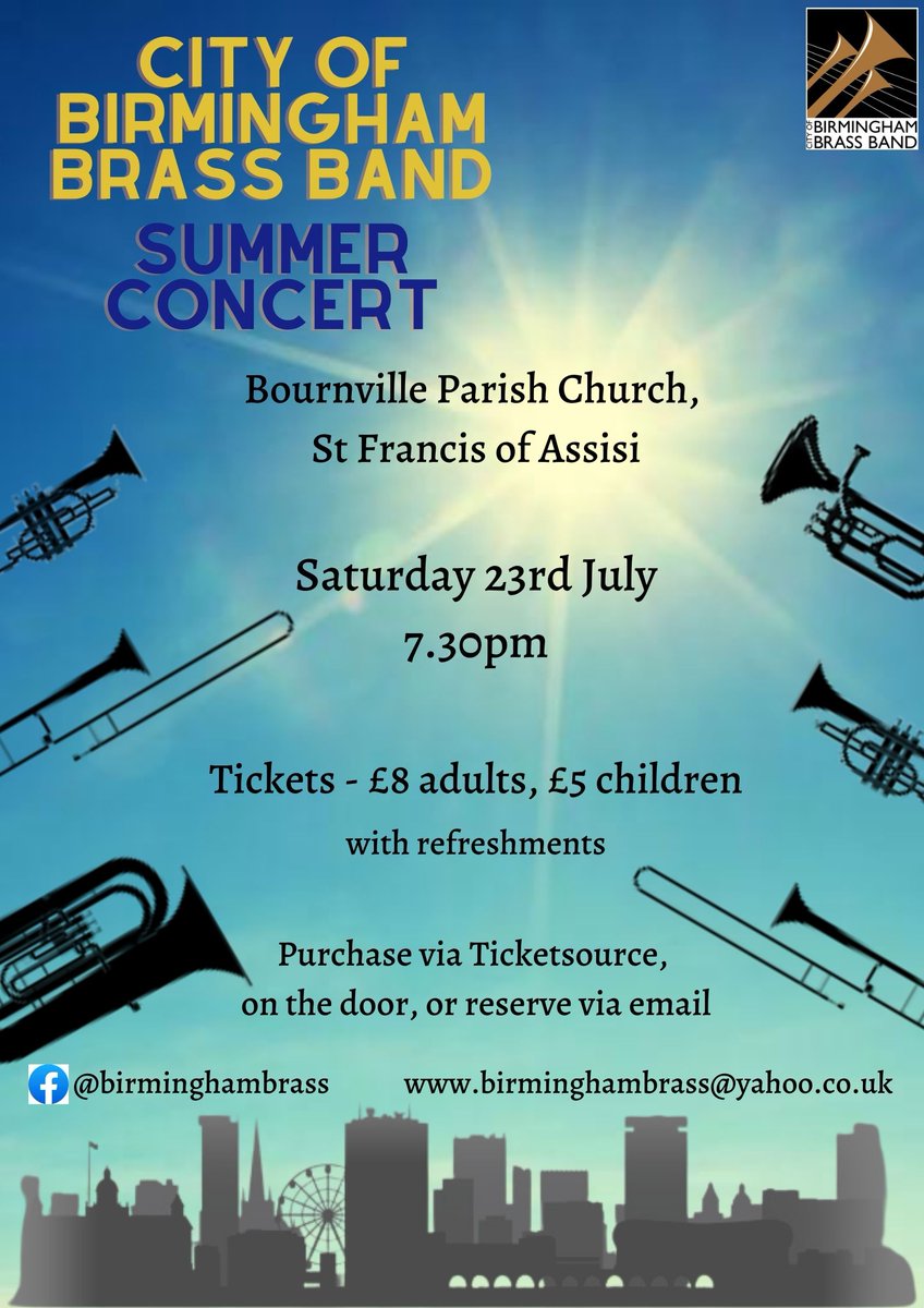 BirminghamBrass's tweet photo. Tickets are now on sale for our Summer #Concert 
You're sure to be entertained at Bournville Parish Church on Saturday 23rd July (7:30pm). We've got a varied programme of music for you (&amp; refreshments!).
Tickets £8 (��5 for children) https://t.co/IPDks2nfsV #BrassBand #Birmingham https://t.co/HIKLXAozwE
