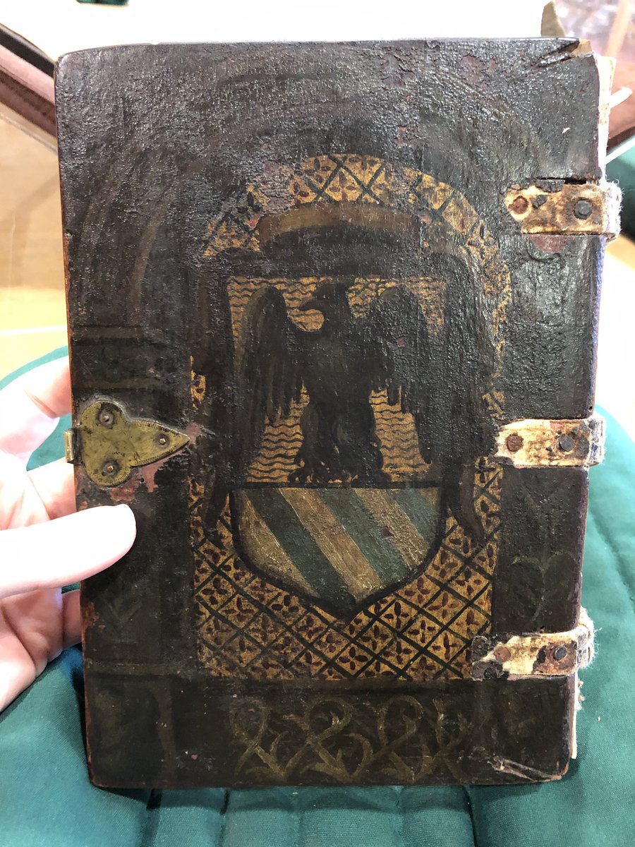 EK_Hebbard's tweet photo. The COOLEST cover I’ve ever seen, portrait of Matteo Corti of Pavia on the front and his arms on the back #earlybooks #earlyprint #bookbindings (@NewberryLibrary) https://t.co/19rZ2tDVpB