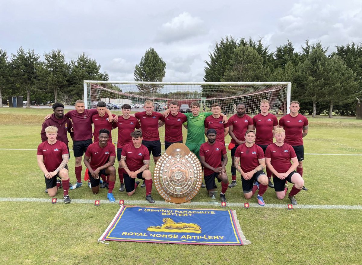 GunnersRAFC's tweet photo. The prestigious Inter Battery Cup Final was played this afternoon between 34 bty (14 Regt) and F Bty (7 Para RHA) final score 2-0 F Bty, goals coming from man of the match Gnr Polius and the other Sgt Lewis 🔴🔵⚽️ https://t.co/yOYtD3NTQ8