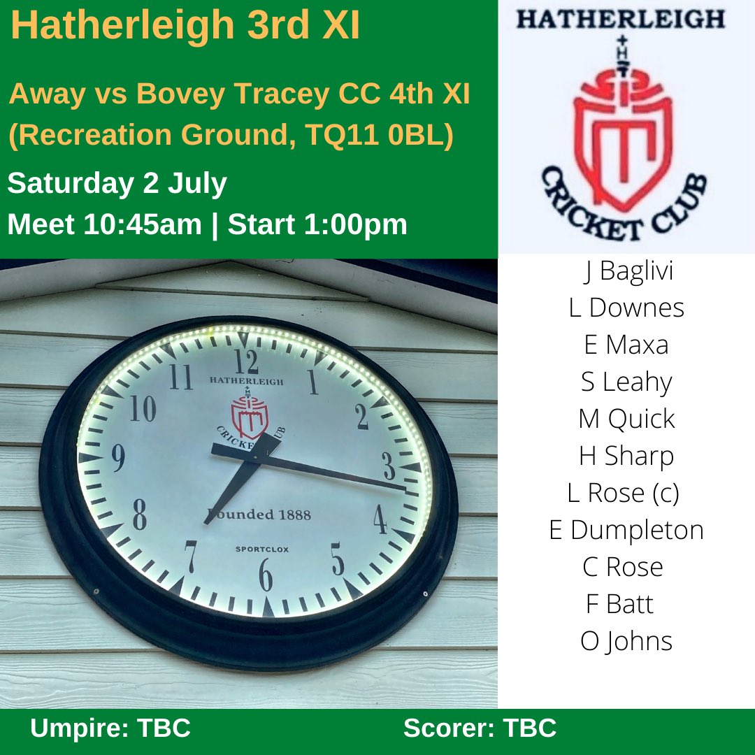 HatherleighCC (@cc_hatherleigh) on Twitter photo βΌοΈ Sat 2 July - Teams βΌοΈ
π 1st XI
π Home vs <a href="/instowcricket/">North Devon Cricket Club</a>
β° Meet 11:15 | Start 12:30pm
π DCL Prem
π 2nd XI
π Away vs <a href="/bartoncricket/">Barton Cricket Club</a>
β° Meet 10:45am | Start 1pm
π DCL D West
π 3rd XI
π Away vs <a href="/bovey_cc/">Bovey Tracey CC</a>
β° Meet 10:45am | Start 1pm
π DCL G West
#devoncricketleague βΌοΈ Sat 2 July - Teams βΌοΈ
π 1st XI
π Home vs <a href="/instowcricket/">North Devon Cricket Club</a>
β° Meet 11:15 | Start 12:30pm
π DCL Prem
π 2nd XI
π Away vs <a href="/bartoncricket/">Barton Cricket Club</a>
β° Meet 10:45am | Start 1pm
π DCL D West
π 3rd XI
π Away vs <a href="/bovey_cc/">Bovey Tracey CC</a>
β° Meet 10:45am | Start 1pm
π DCL G West
#devoncricketleague