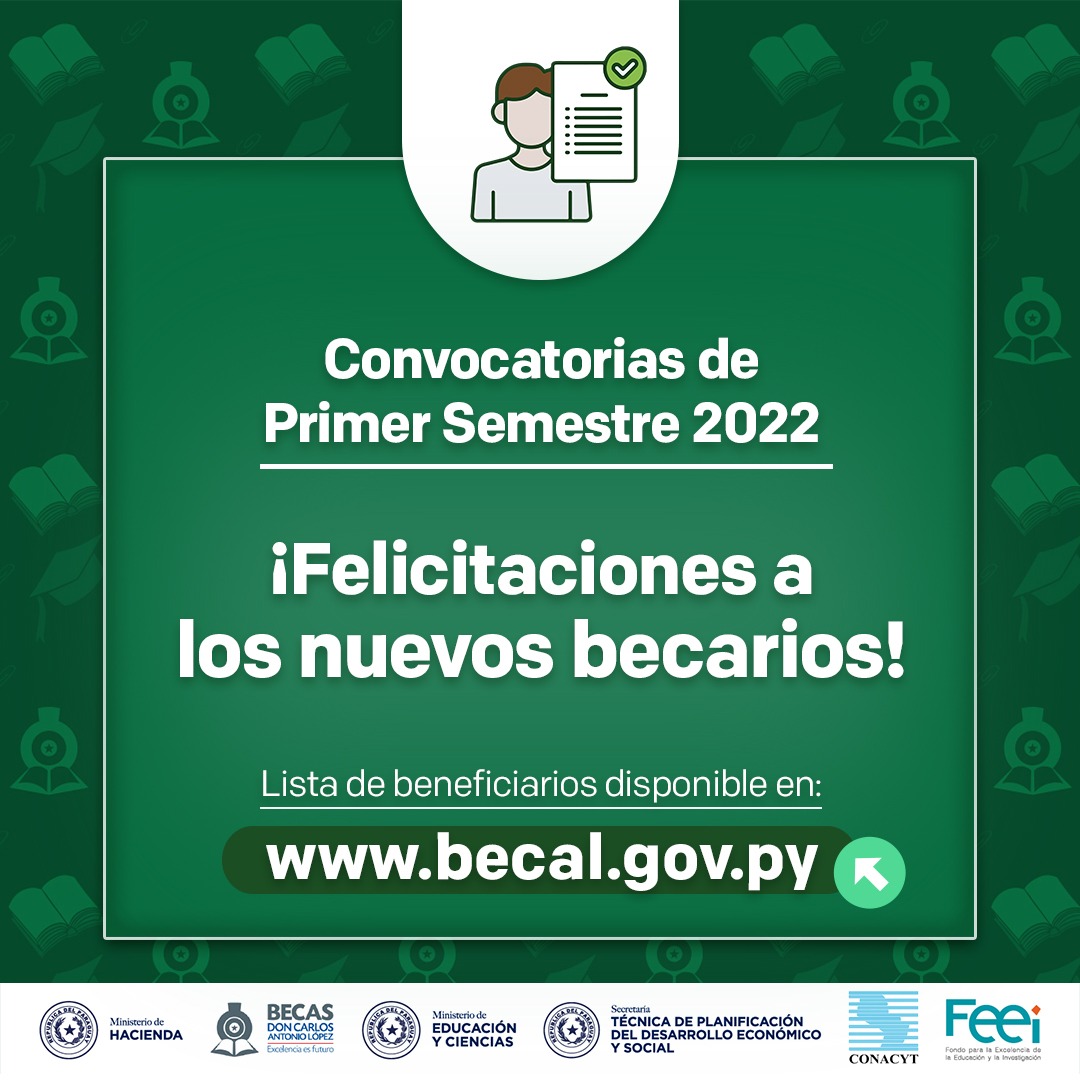 becalpy's tweet photo. 🎓 #BECAL cuenta con 1⃣5⃣6⃣nuevos becarios de las convocatorias correspondientes al primer semestre del 2022

Estudiarán Maestrías, Doctorados, Posdoctorados e Intercambio de Grado en las mejores universidades del🌍 e Idiomas en 🇵🇾 para universitarios.

➡️ https://t.co/w36j7D6RnG https://t.co/ssZgXVJUrO