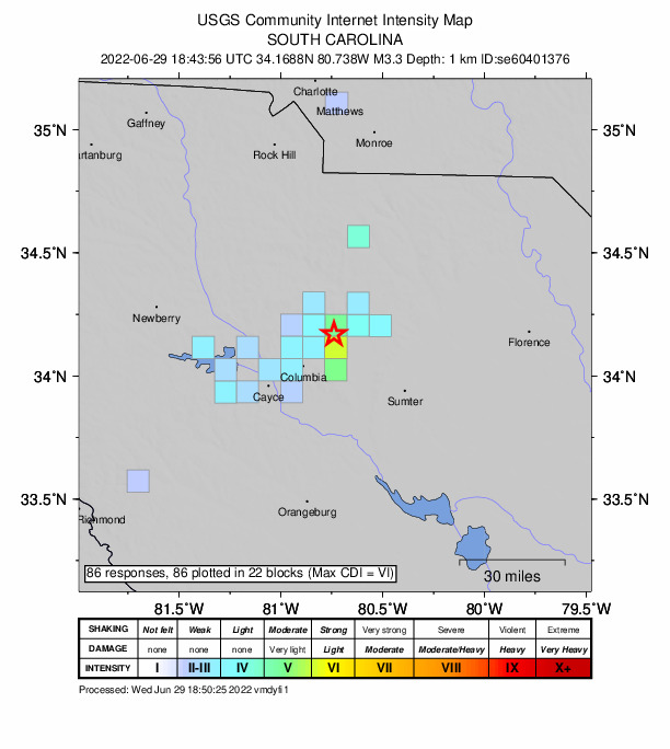 2:52PM: Did you feel it? Another earthquake in central SC. The USGS reports a 3.3 magnitude - 5 km E of Elgin, South Carolina. Report what you felt here: earthquake.usgs.gov/earthquakes/ev…
