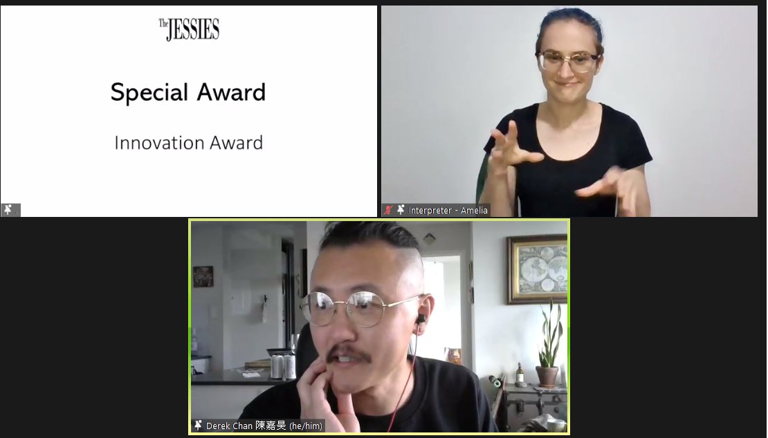 Congratulations to all the winners of the 2022 Jessie Awards! We're so honoured and happy to share the Innovation Award with such great company: <a href="/NeworldTheatre/">Neworld Theatre</a>, <a href="/theElectrics/">Electric Company Theatre</a>, <a href="/RumbleTheatre/">Rumble Theatre</a>, and <a href="/TheCultch/">The Cultch</a>! 🥳🎉

Anyway, here's Derek accepting the award on Monday night: